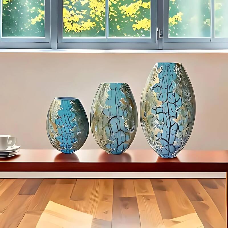 Teal Handblown Glass Oval Vases Set of Three with Gold Detailing