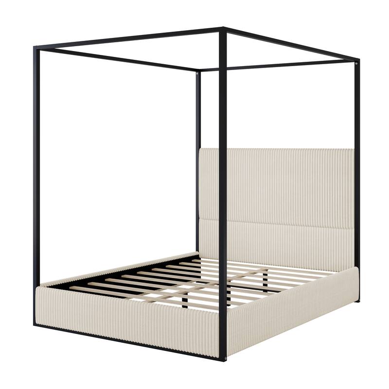 Queen/King Modern Luxury Metal Canopy Bed with Tall Corduroy Upholstered Headboard and Gold Four Poster, No Box Spring Needed