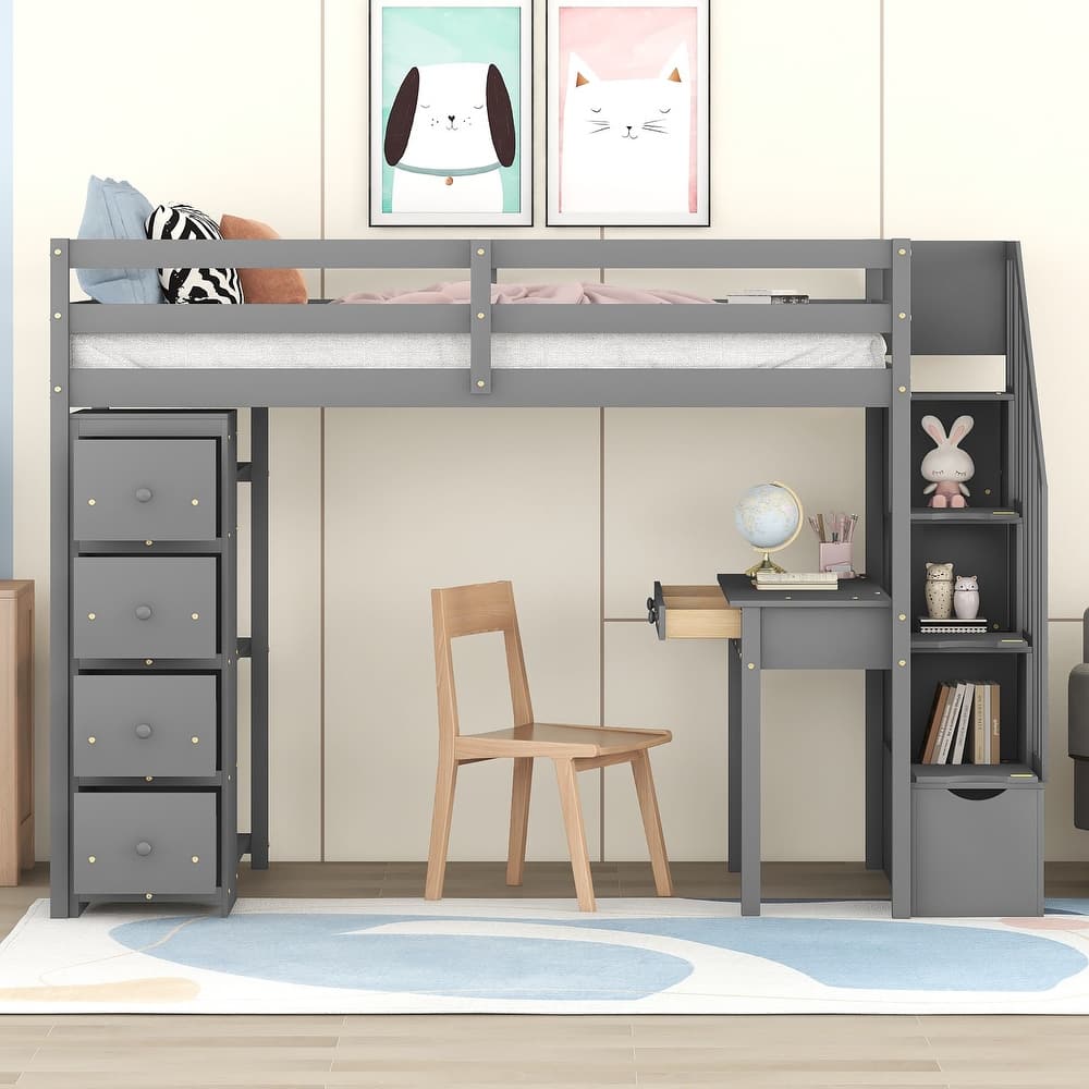 Loft Bed with Storage Drawers ,Desk and Stairs, Wooden Loft Bed with Shelves