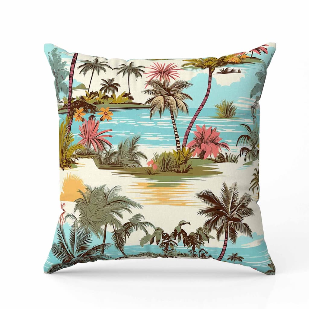 Tropical Beach Indoor/Outdoor Reversible Throw Pillow Blue and Pink