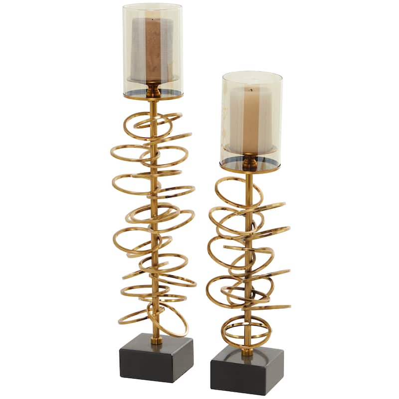Stainless Steel Metal Open Ring Stand Pillar Hurricane Lamp - Set of 2 Gold - Roche River Decor - 6"W x 6"L x 25"H