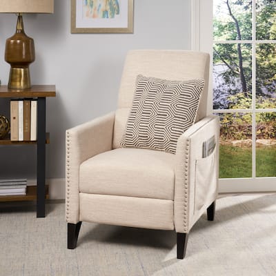 Beige Modern Fabric Push-Back Recliner with Footrest, Nailhead Accents, Birch Wood Legs