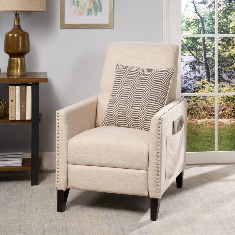 Pushback Recliner with Nailhead Accents and Birch Wood Legs - Beige