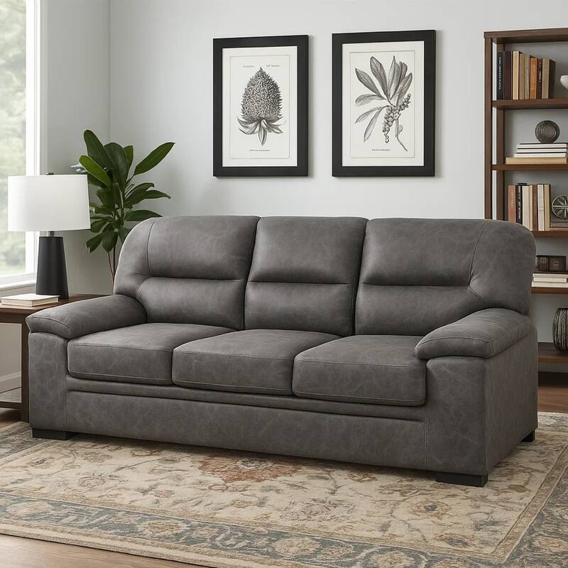 Gian 83 Inch Sofa, Dark Gray, Microfiber, Pillow Top Armrests, Solid Wood