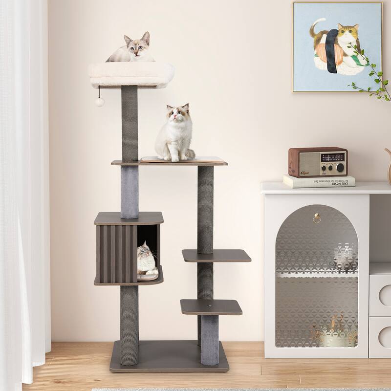 Gymax 59.5'' Tall Cat Tower w/Cushion Top Perch Detachable Mats