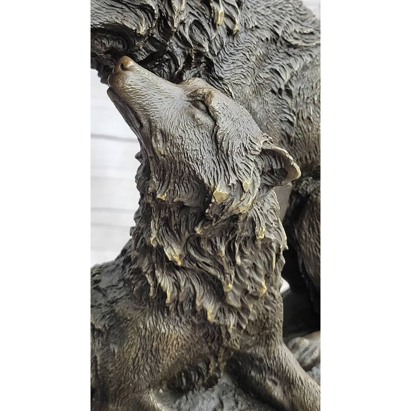 Two Wolves Wolf Family Bronze Metal Sculpture Statue On Marble Base 14 Inches X 14 Inches