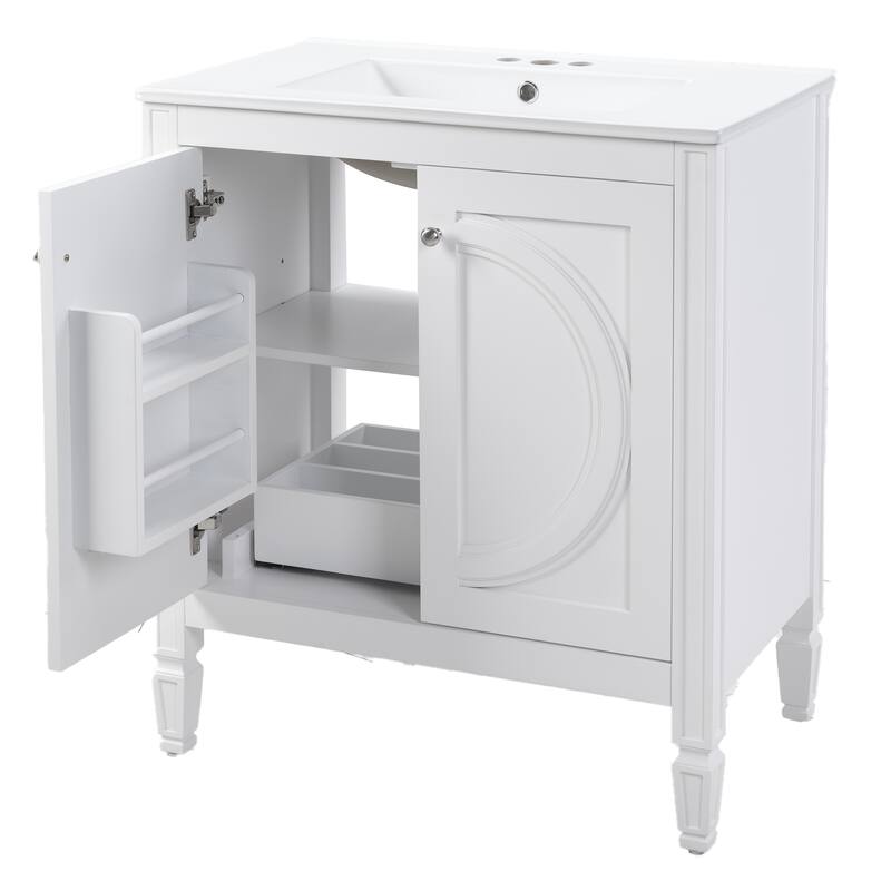 Bathroom Vanity with Ceramic Sink, Solid Wood Bathroom Cabinet, Storage Cabinet with 2 Soft-Close Doors & Adjustable Shelf