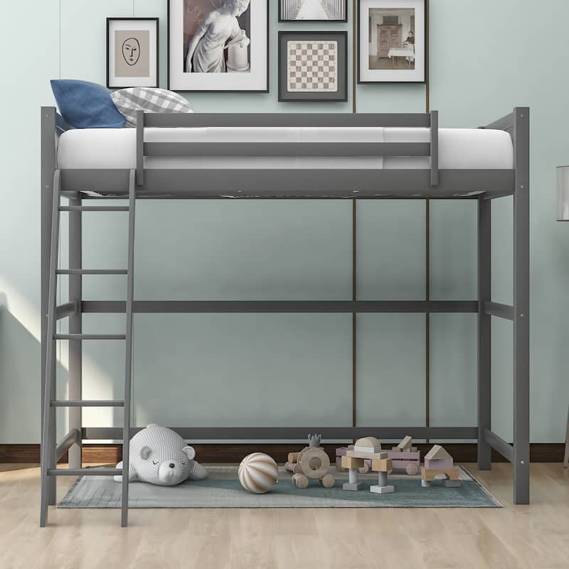 Modern Simple Style Twin Size Solid Pine Wood Loft Bed with Full Length Guardrail and Inclined Ladder