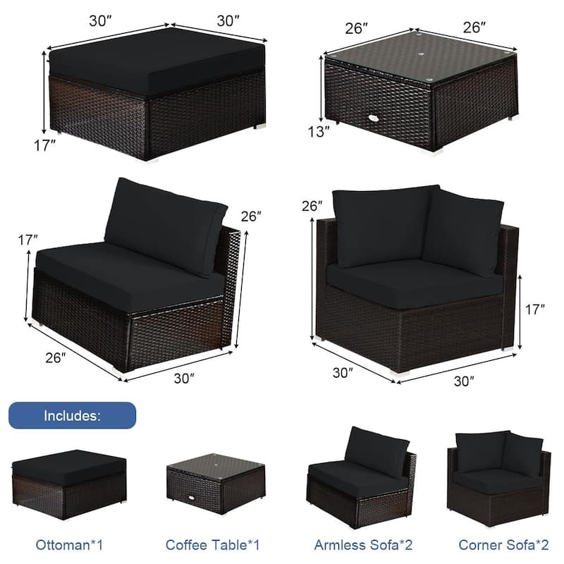6 Pieces Outdoor Patio Rattan Furniture Set Sofa Ottoman with Coffee Table - 30'' x 30'' x 26''(L x W x H)
