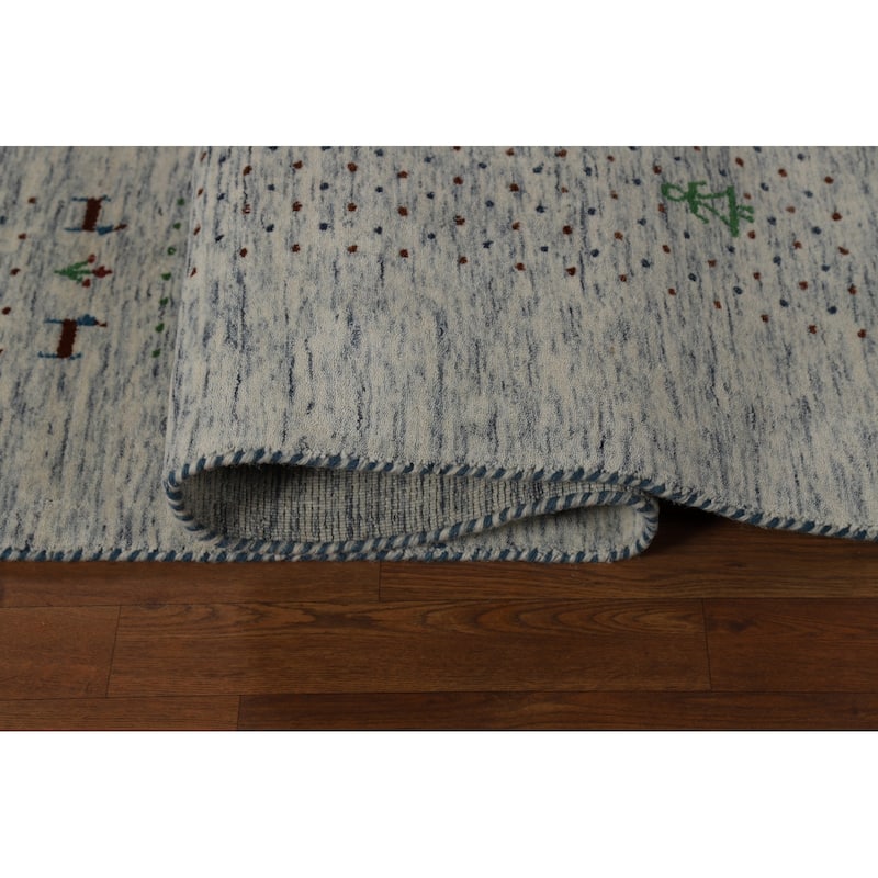 Ivory & Blue Tribal Gabbeh Indian Area Rug Handmade Wool Carpet - 8'0"x 9'10"