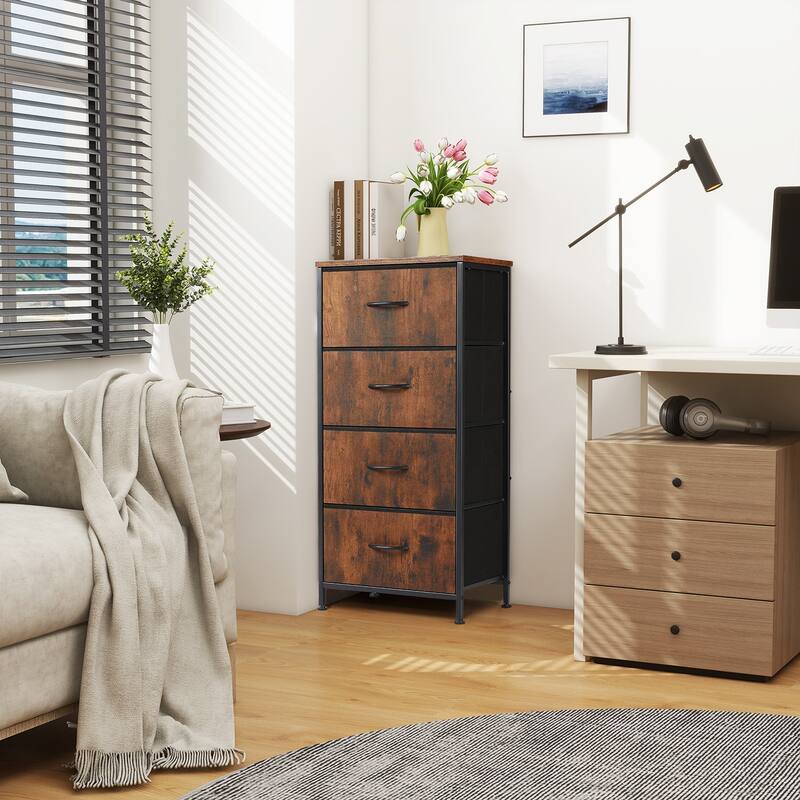 Dresser for Bedroom with 4 Fabric Drawers, Tall Chest Organizer Units for Clothing, Closet, Kidsroom, Storage Tower with Cabinet