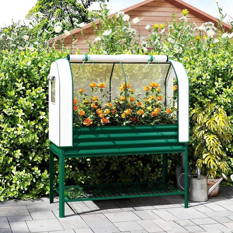 Outsunny Galvanised Raised Garden Bed with Greenhouse Cover, Metal Elevated Garden Bed with Legs, Bed Liner and Bottom Shelf - Green