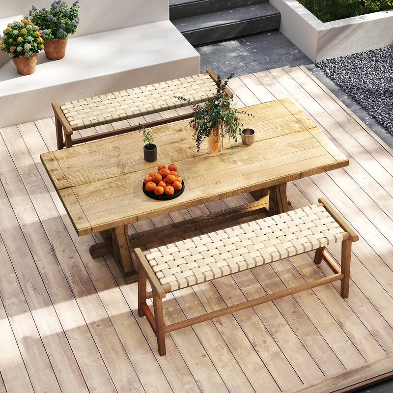 Natural-Beige Teak Wood Patio Bench with Woven Seat - 47" x 16" x 19.5"