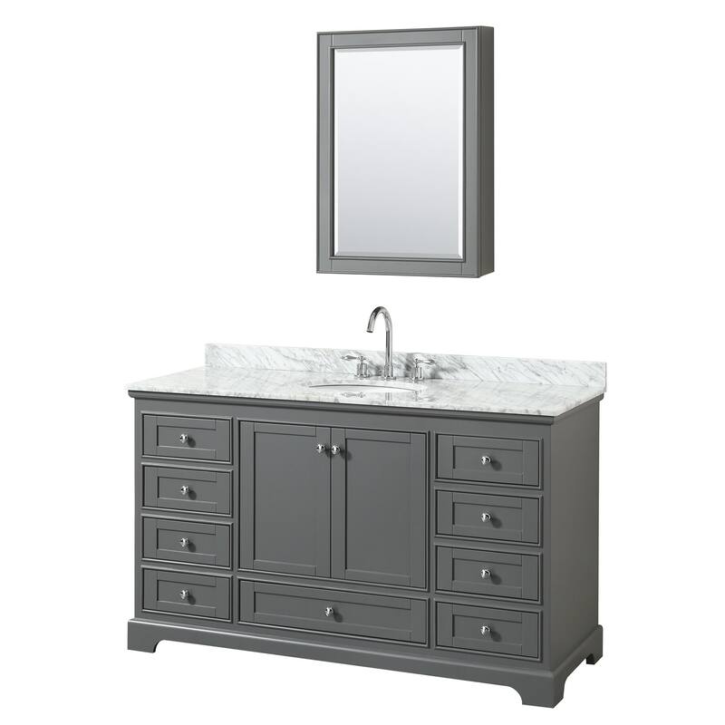 Wyndham Collection Deborah 60" Free Standing Single Vanity Set with - Dark Gray / White Carrara Marble Top / Polished - Steel Finish