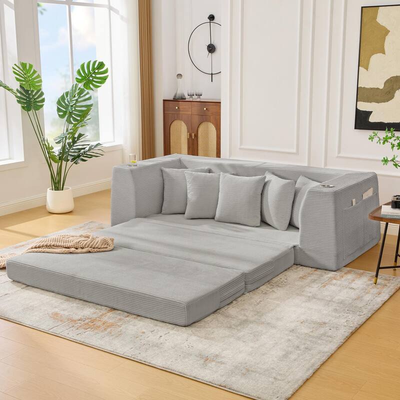 2 in 1 Convertible Sofa Bed, Sleeper Sofa with Storage Pockets, Pull Out Loveseat Couch with Two Cup Holders