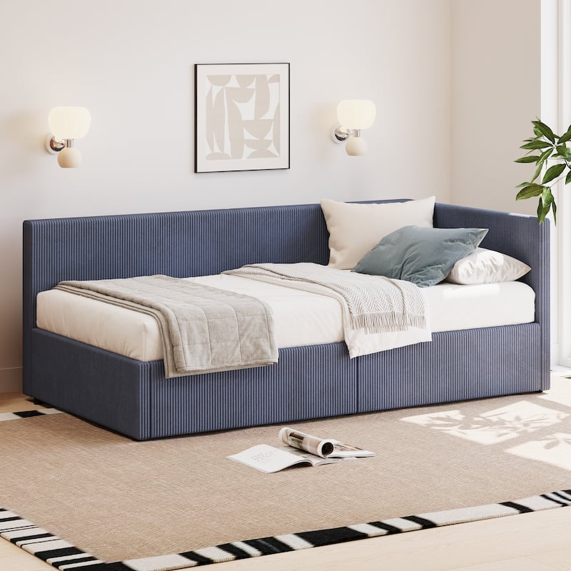 L Shape Corner Bed, Corduroy Upholstered Daybed - Blue