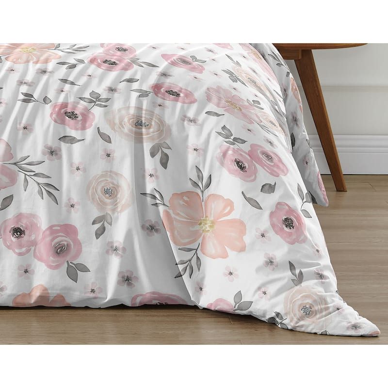 Sweet Jojo Designs Blush Pink Grey Boho Floral Girl Queen Duvet Cover Bedding Set Bohemian Watercolor Farmhouse Shabby Chic Gray