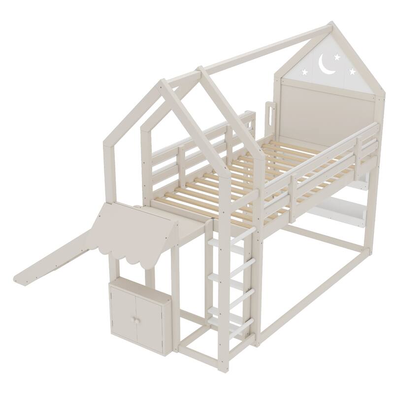 Twin Loft Bed with Slide, Bookshelf & House-Shaped Design for Kids