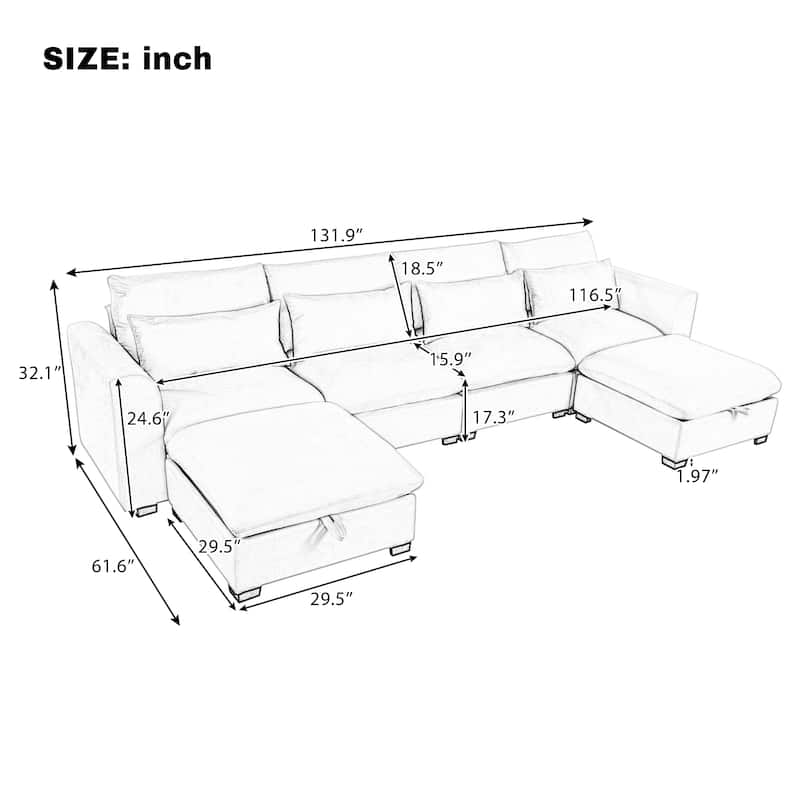 Modular Sectional Sofa, Upholstered Corner Sofa with 2 Storage Ottomans and 4 Pillow, U-shaped Solid Wood Deep Seat Sofa
