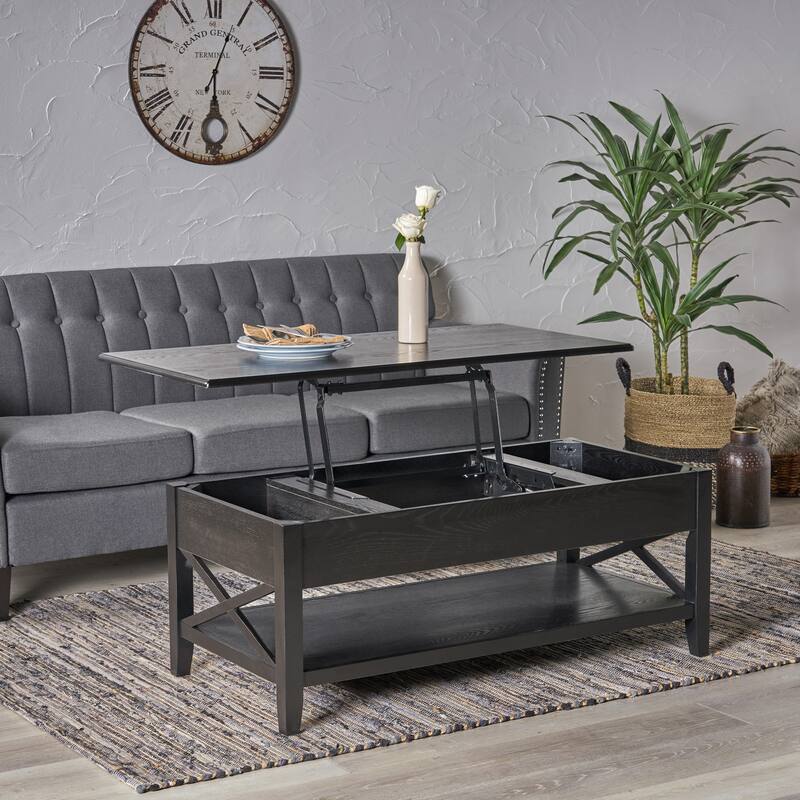 Roomfitters Modern Lift Top Coffee Table with Hidden Storage and Bottom Shelf, Wood Farmhouse Center Cocktail Table, Black
