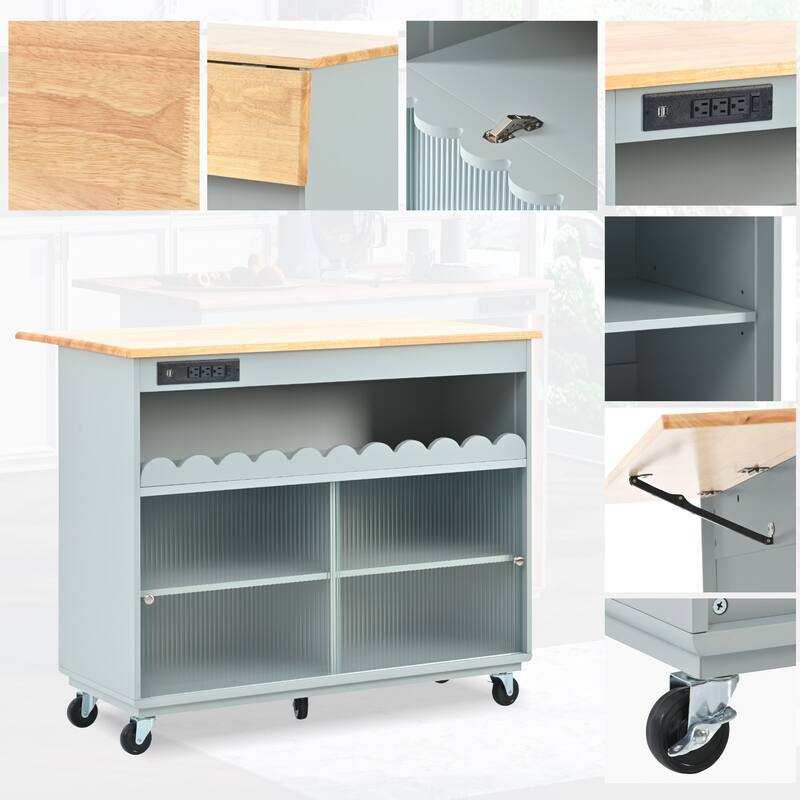 44 in. W Kitchen Island Rubberwood Drop-Leaf Countertop on 5 Wheels with Open Shelf and Wine Rack - 44''