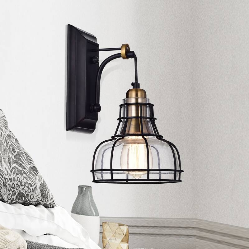 Black and Antique Gold 1-Light Indoor Wall Sconce with Clear Glass