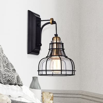 Black and Antique Gold 1-Light Indoor Wall Sconce with Clear Glass