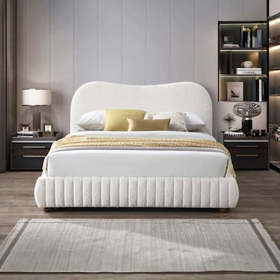 Queen Size Low Profile Platform Bed with Luxurious Boucle Upholstery, Solid Wood Frame, and Modern Design