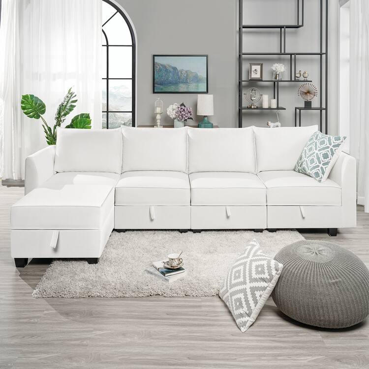 Modern L-Shaped DIY Convertible Modular Sectional Sofa Collection - 4-Seater with Ottoman, White Down