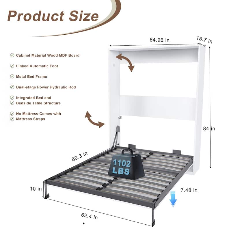 Queen Murphy Bed with 65 Inch Foldable Wall Design, Metal Frame and Solid Wood Slats for Bedrooms and Guest Rooms