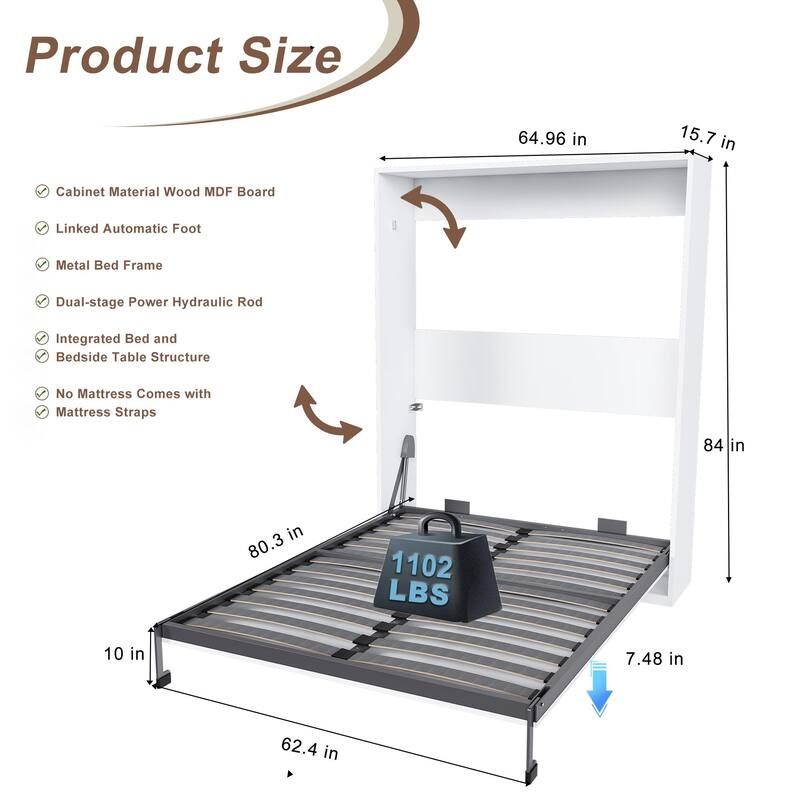 Queen Size Murphy Bed Foldable Wall Bed Frame Cube Cabinet Bed, Solid Wood Support Strips Platform Bed, Save-Space Hidden Bed