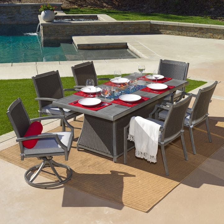 Kinger Home Isla Rattan 7-Piece Patio Set with Propane Fire Pit Table - 76-Inch - Grey
