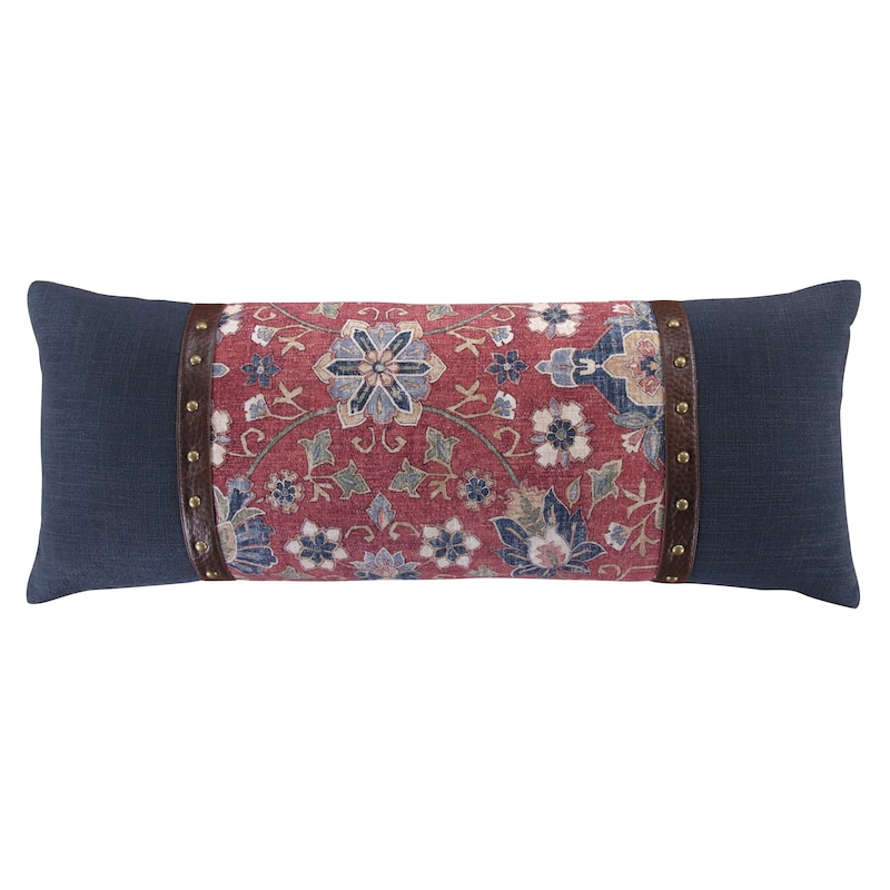 HiEnd Accents Melinda Red/Navy Washed Linen Vintage Floral Medallion Lumbar Pillow, 14" x 36"