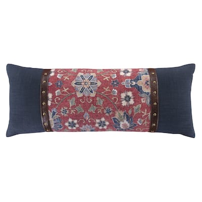 HiEnd Accents Melinda Red/Navy Washed Linen Vintage Floral Medallion Lumbar Pillow, 14" x 36"