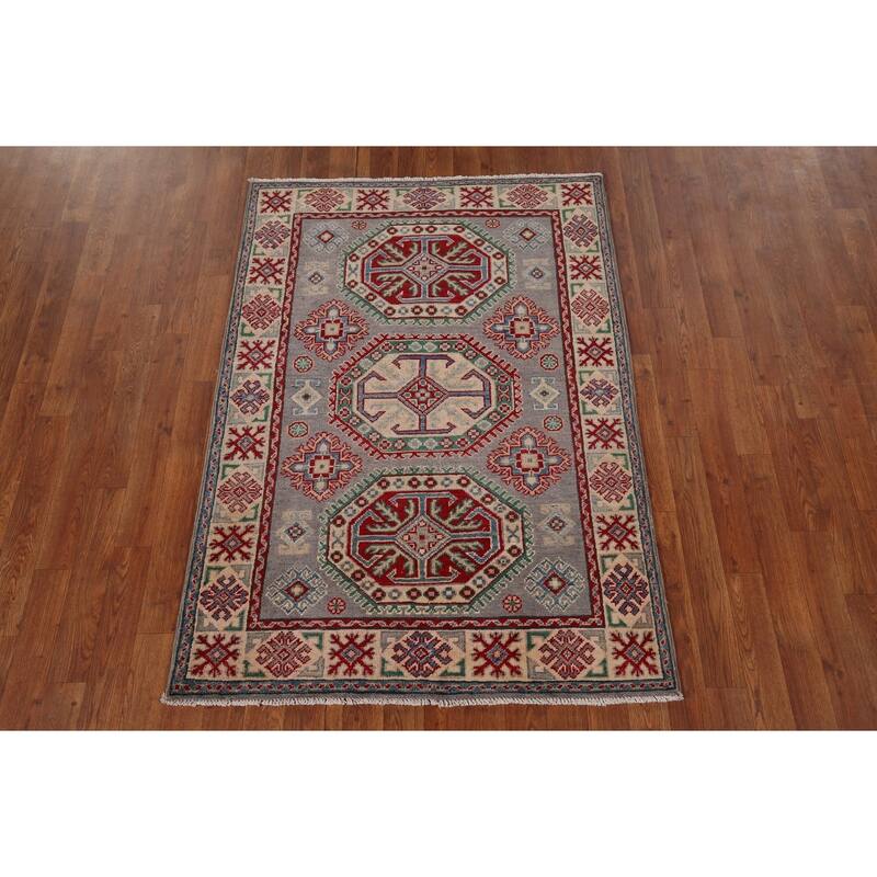 Gray Geometric Kazak Foyer Rug Hand-Knotted Wool Carpet - 3'5" x 4'11"