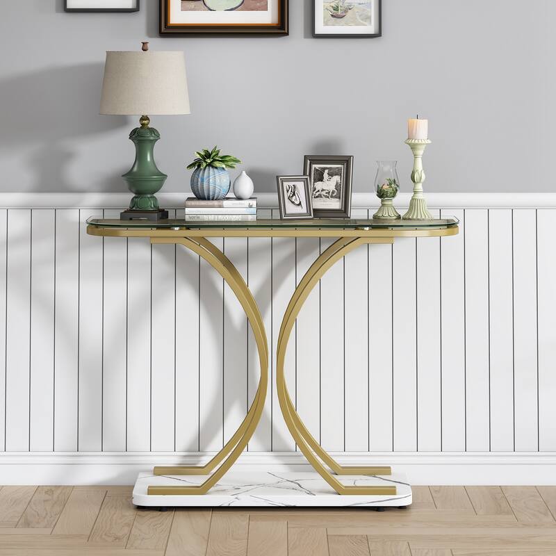 Myhozm 43.31 inches Glass Console Table with Geometric Base, Entrance Side Table for Hallway, Living Room