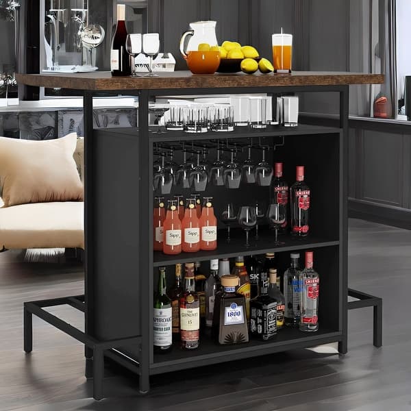 Home Bar Unit 3-Tier Liquor Bar Table with Glasses Holder - Bed Bath ...