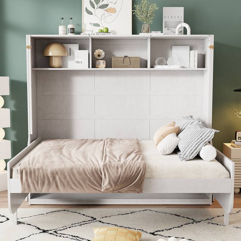 Full Size Murphy Bed with a Desk and Storage Shelves - Antique White