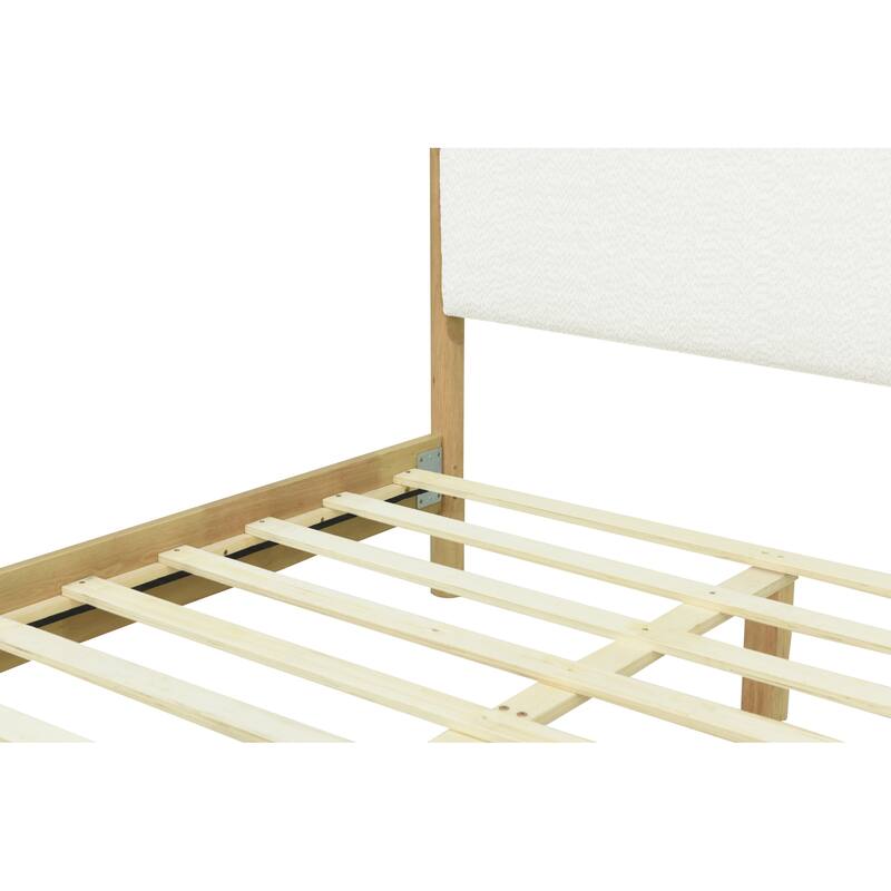 Roomfitters White Boucle Upholstered Bed with Rubberwood Legs, Modern Platform