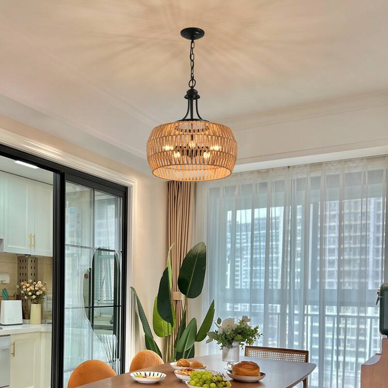 Boho Hemp Rope Pendant Light,with Adjustable Chain, Natural Rope Shade Light, for Restaurants, Cafes, Bars