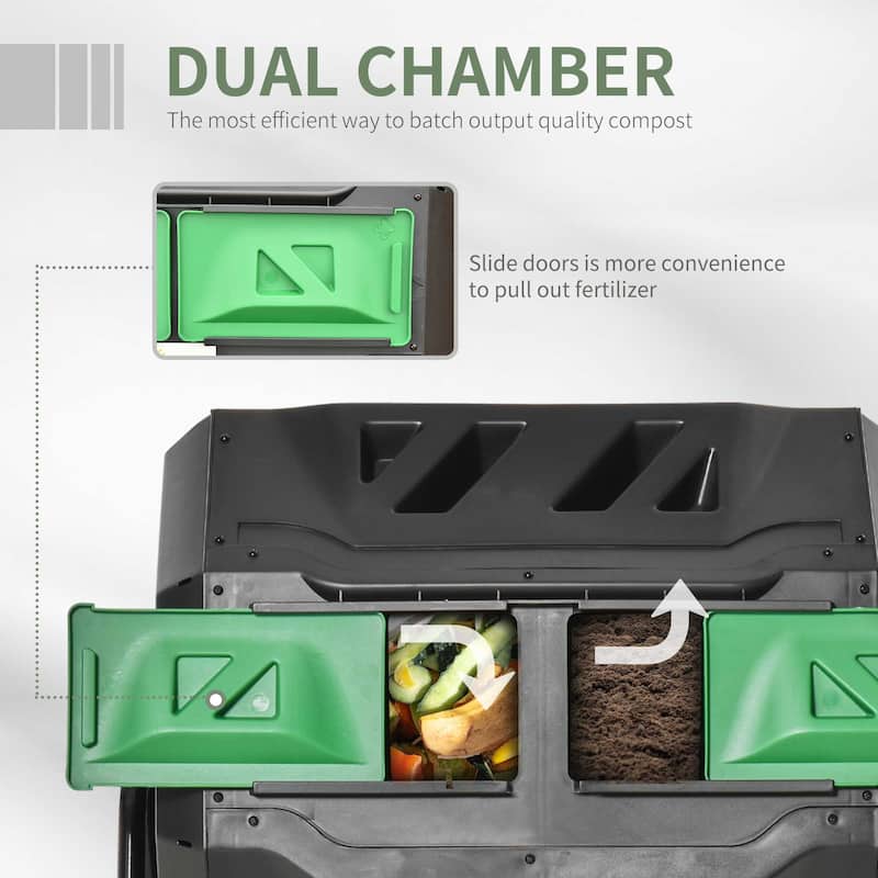 Outsunny Tumbling Compost Bin Outdoor Dual Chamber 360-deg Rotating Composter 43 Gallon w/ Sliding Doors & Solid Steel Frame