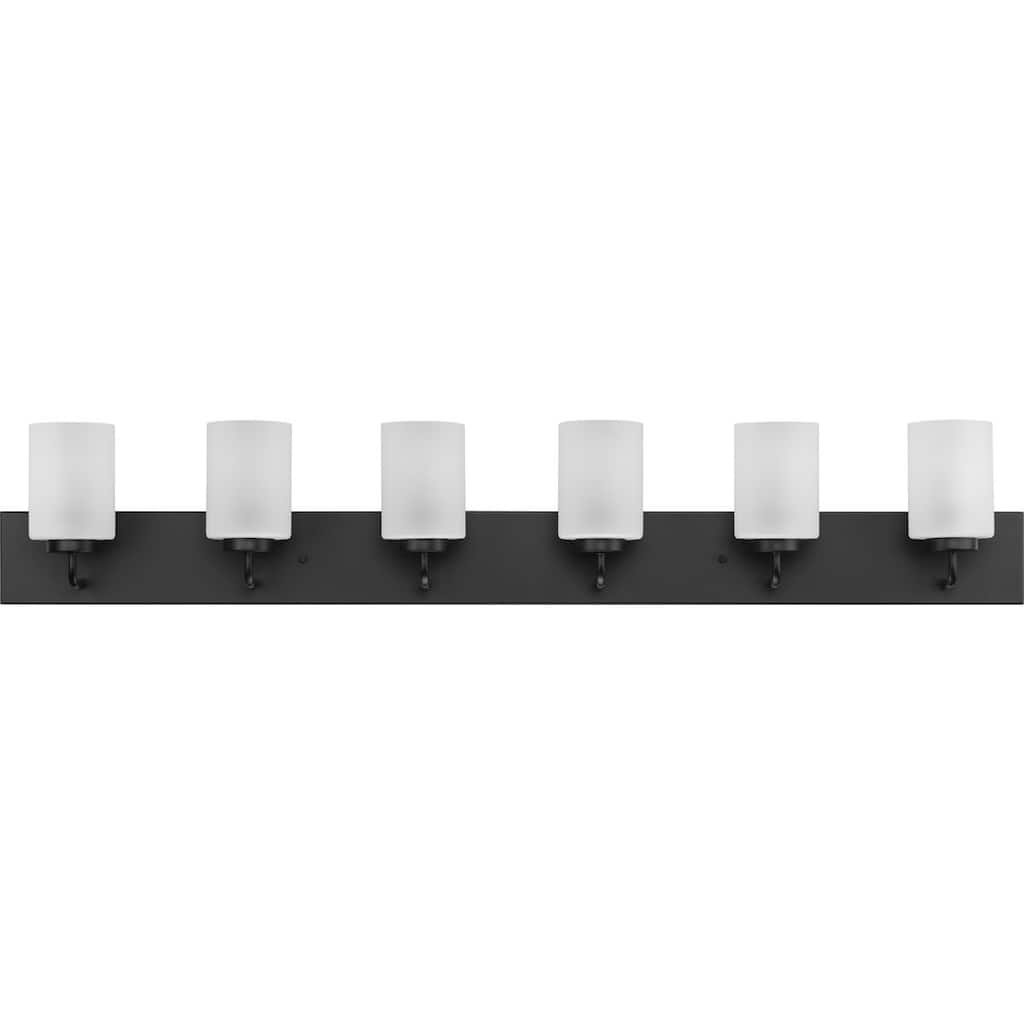 Merry Collection Six-Light Matte Black and Etched Glass Transitional Style Bath Vanity Wall Light - 48 in x 5.75 in x 8.25 in