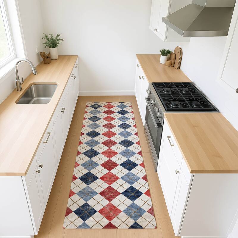 Machine Washable Indoor/ Outdoor Modern Argyle Chantille Rug