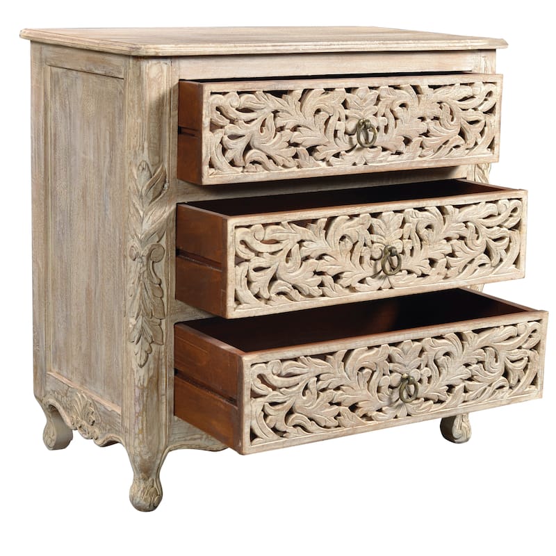 Florence Floral Carved Wood 3-Drawer Nightstand
