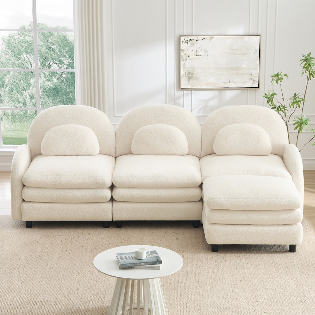 98.2" Teddy Fabric Sectional Sofa with Curved Pillows and Ottoman