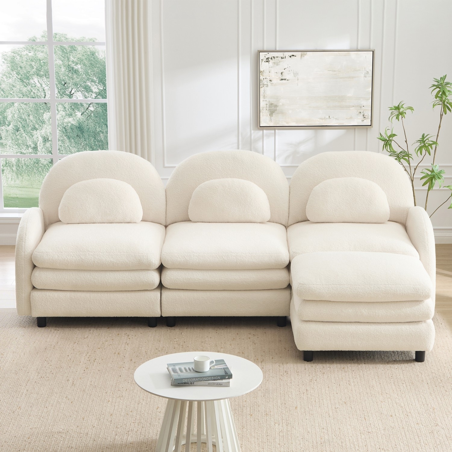 98.2" Teddy Fabric Sectional Sofa with Curved Pillows and Ottoman