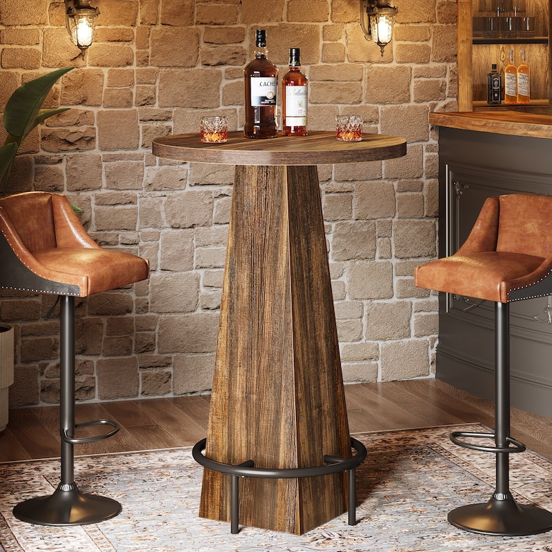 Home Bar Unit, High Round Bar Table with Footrest for Pub, Dining Room, Kitchen - 23.62" L x 23.62" W x 37.4" H - Rustic Brown