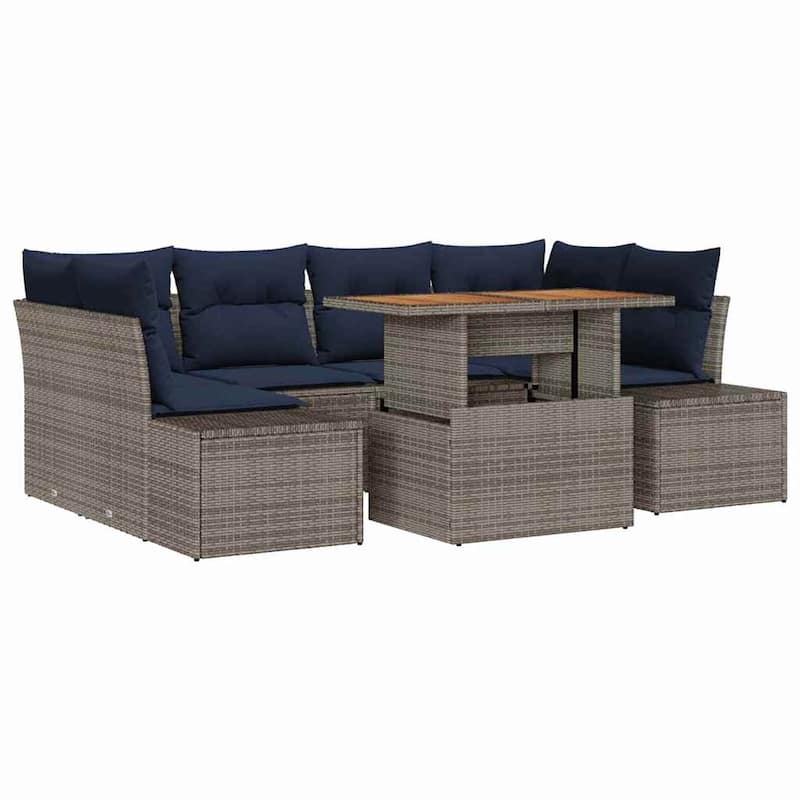 vidaXL 7 Garden Sofa Set with Cushions Black/Grey Poly Rattan - 91.7 x 60.6 x 27.2
