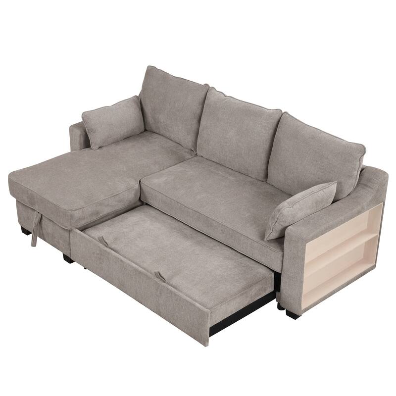 90" Convertible Sleeper Sofa with Storage Chaise, USB Ports, Storage Racks for Compact Spaces