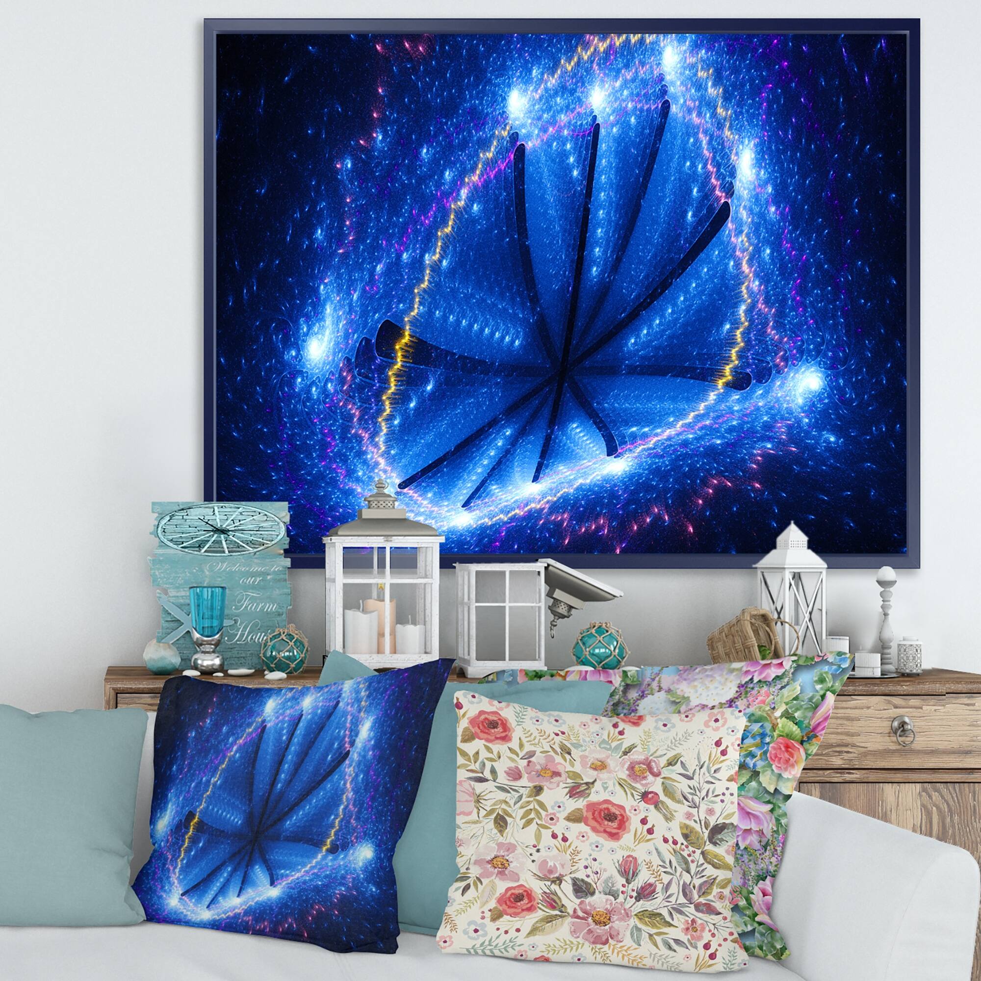 Designart "Blue Star Clusters" Abstract Framed Canvas Wall Art Bed